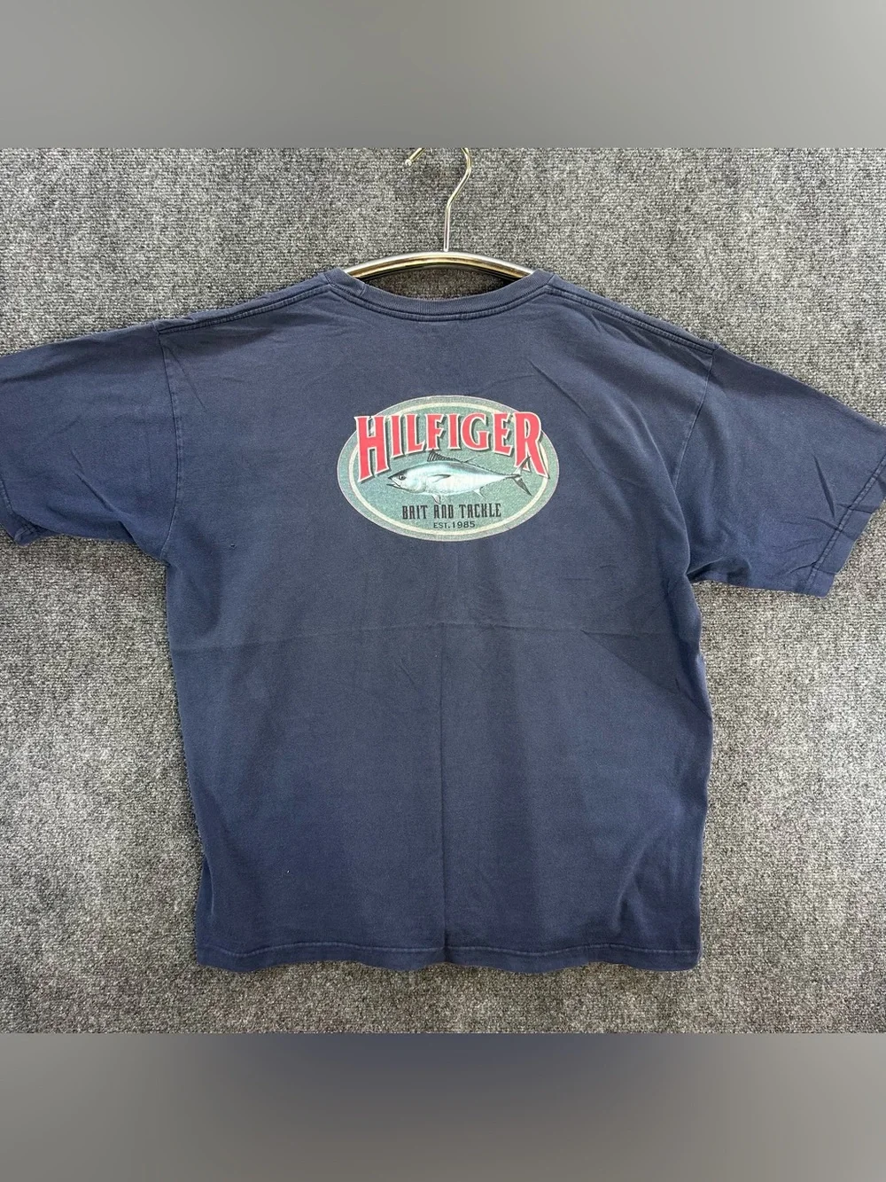 Vintage Tommy Hilfiger Shirt Mens Large Navy Blue Bait & Tackle Fishing 90s Boxy